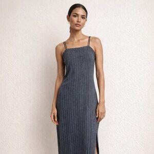 90's Y2k heathered silver ribbed midi strappy dress with leg slit